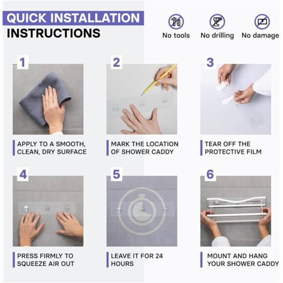 Premium Shower Caddy, Self Adhesive Wall Organizer, 2-Pack No Drill - Picture 6 of 7